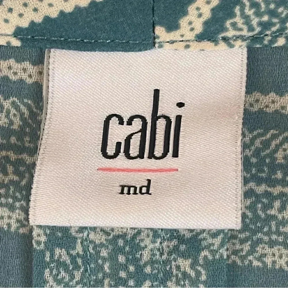 CAbi Women's Medium Windowpane Faux Wrap Long Sleeve Blouse Teal Blue Cream 3068 - Picture 3 of 9